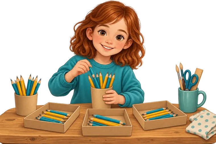 Ellis arranging pencils and trays to make art-club kits