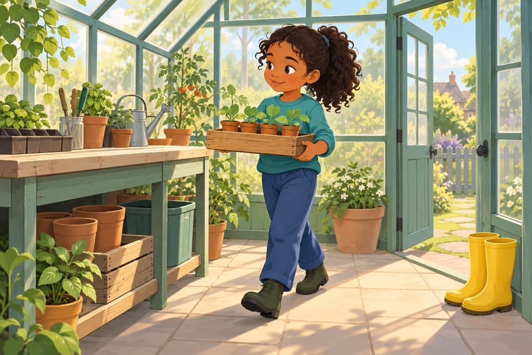 Mina carries a tray of seedlings in a glass greenhouse. A bench is on the left; yellow boots stand beside the open door.