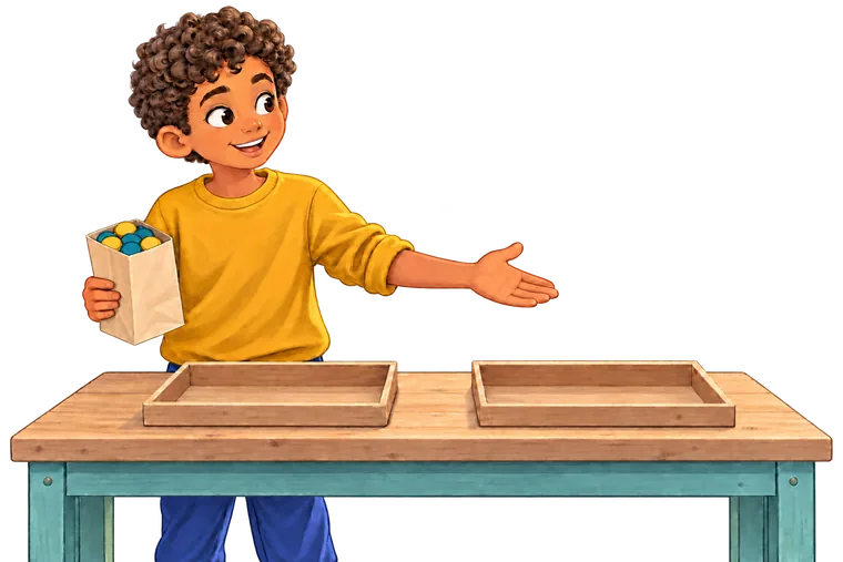 Noah holds a paper bag containing blue and gold tokens, ready to prepare two separate school-fair orders.
