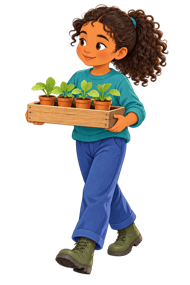 Mina carrying a tray of seedlings