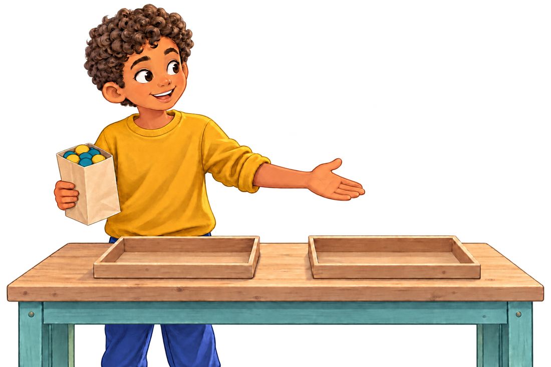 Noah holds a paper bag containing blue and gold tokens, ready to prepare two separate school-fair orders.