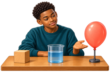 Sam compares a solid wooden block, liquid water in a beaker and air inside a balloon.