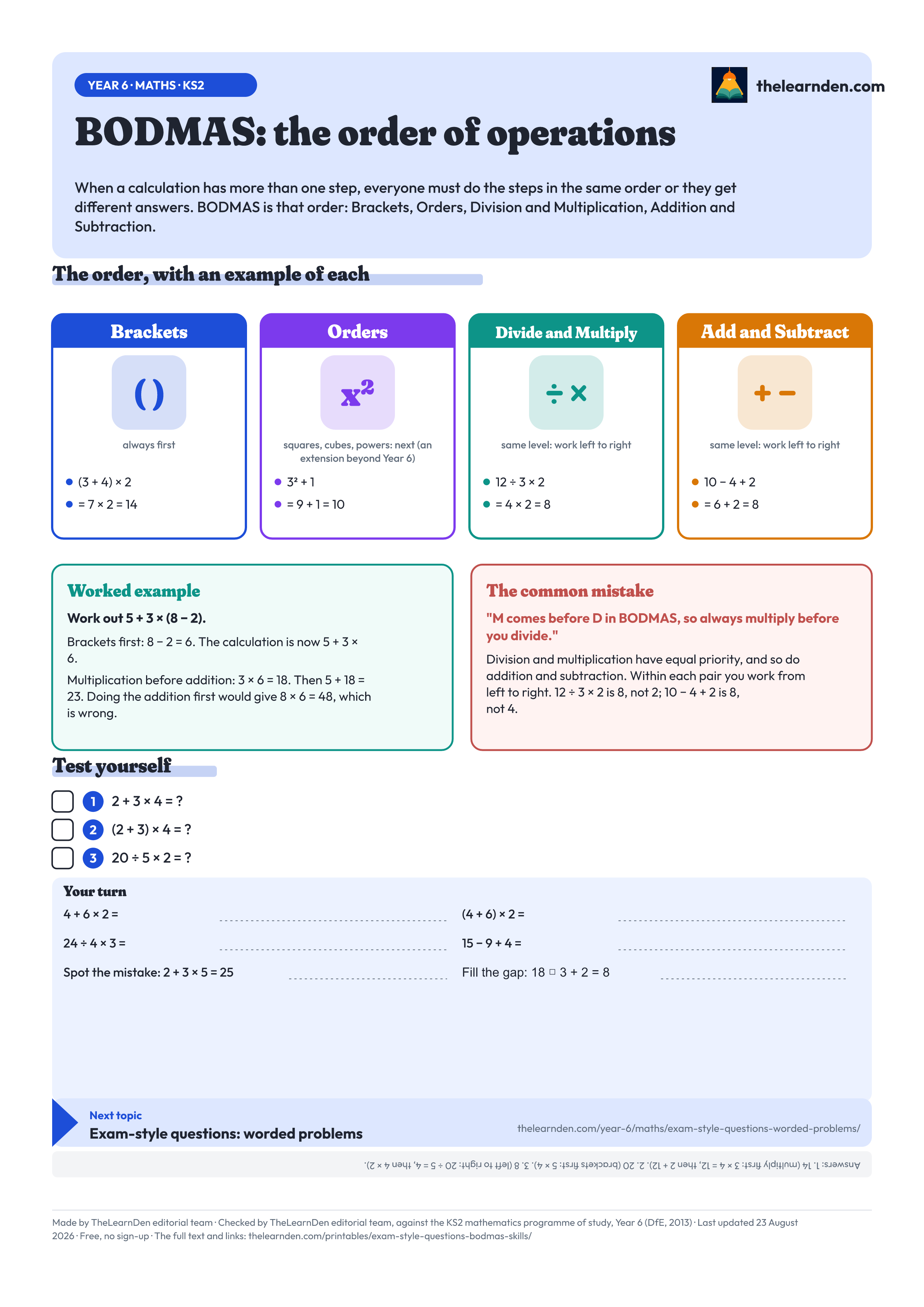 The BODMAS: the order of operations one-page sheet. The full text is written out below the image.