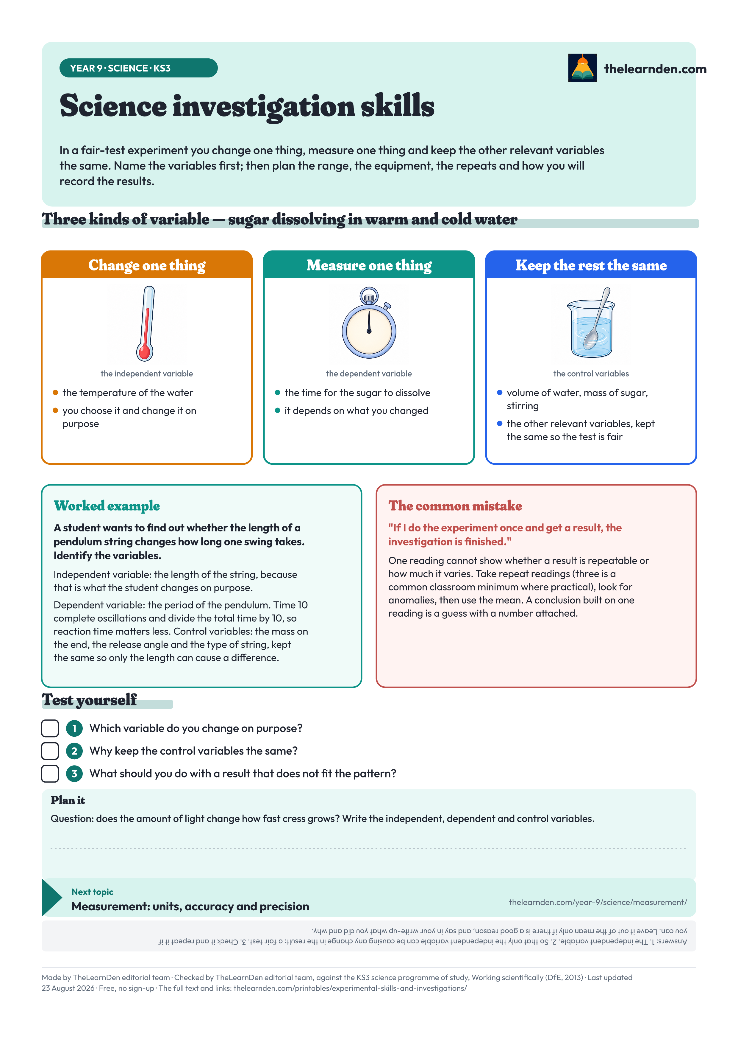 The Science investigation skills one-page sheet. The full text is written out below the image.