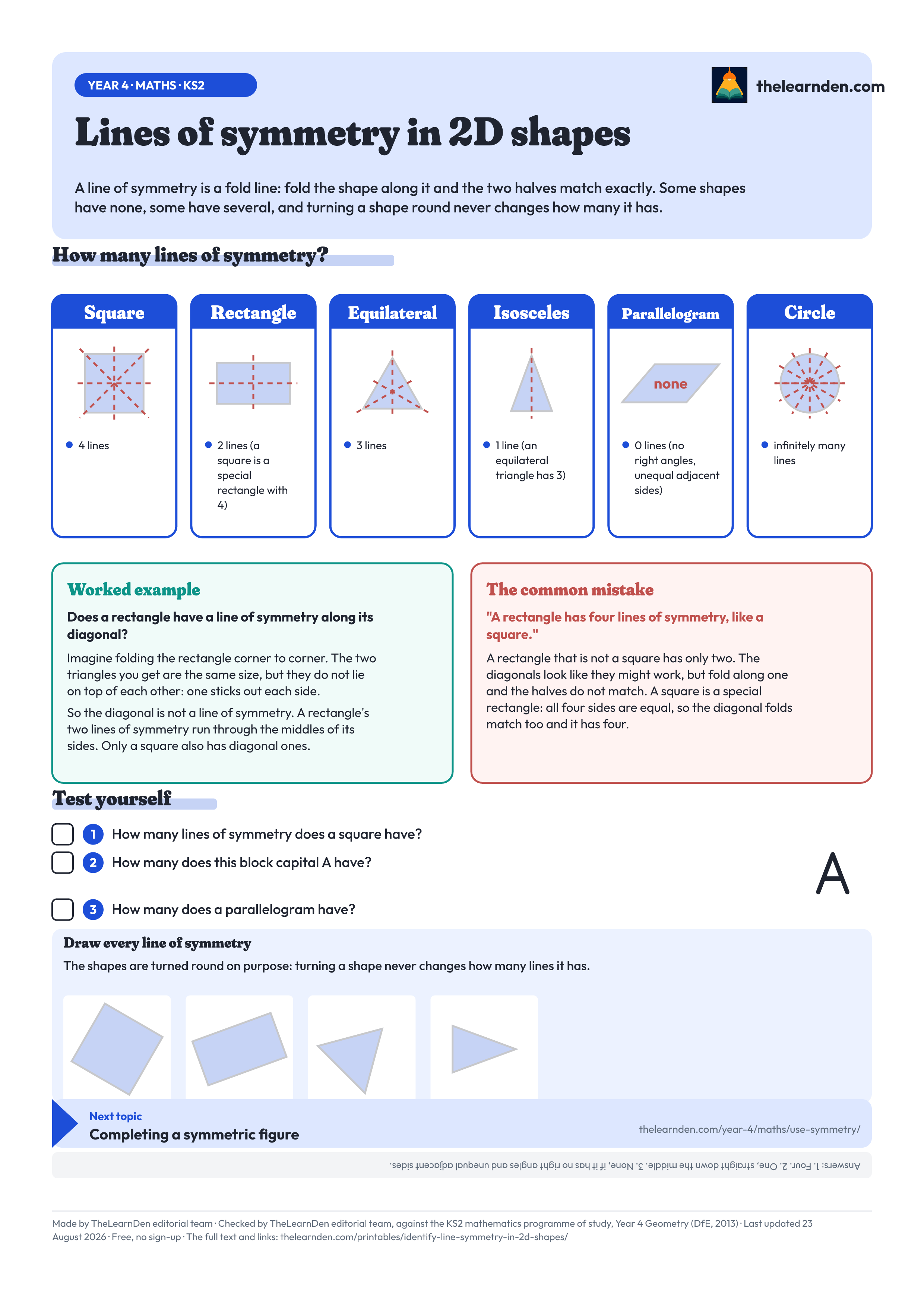 The Lines of symmetry in 2D shapes one-page sheet. The full text is written out below the image.