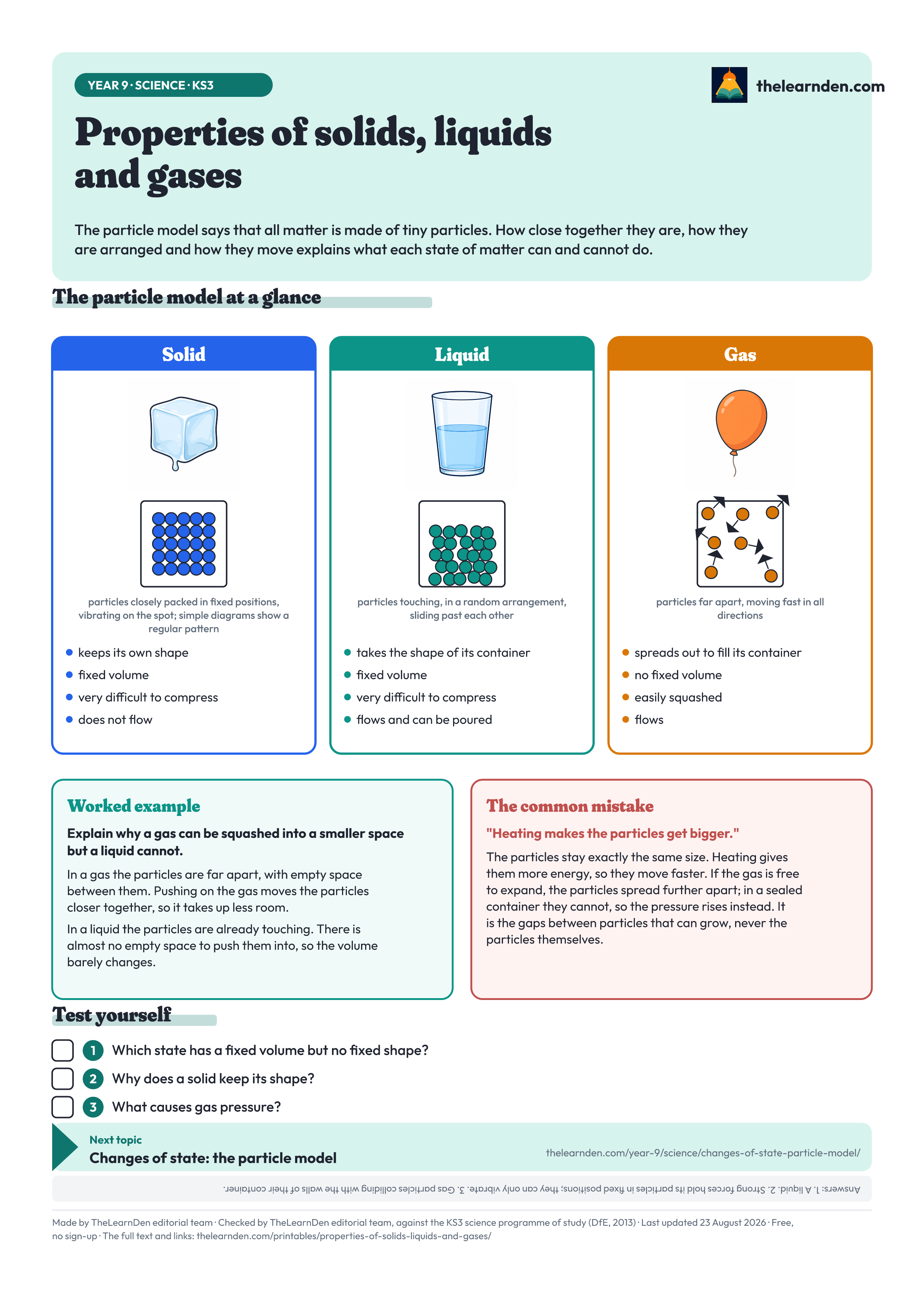The Properties of solids, liquids and gases one-page sheet. The full text is written out below the image.