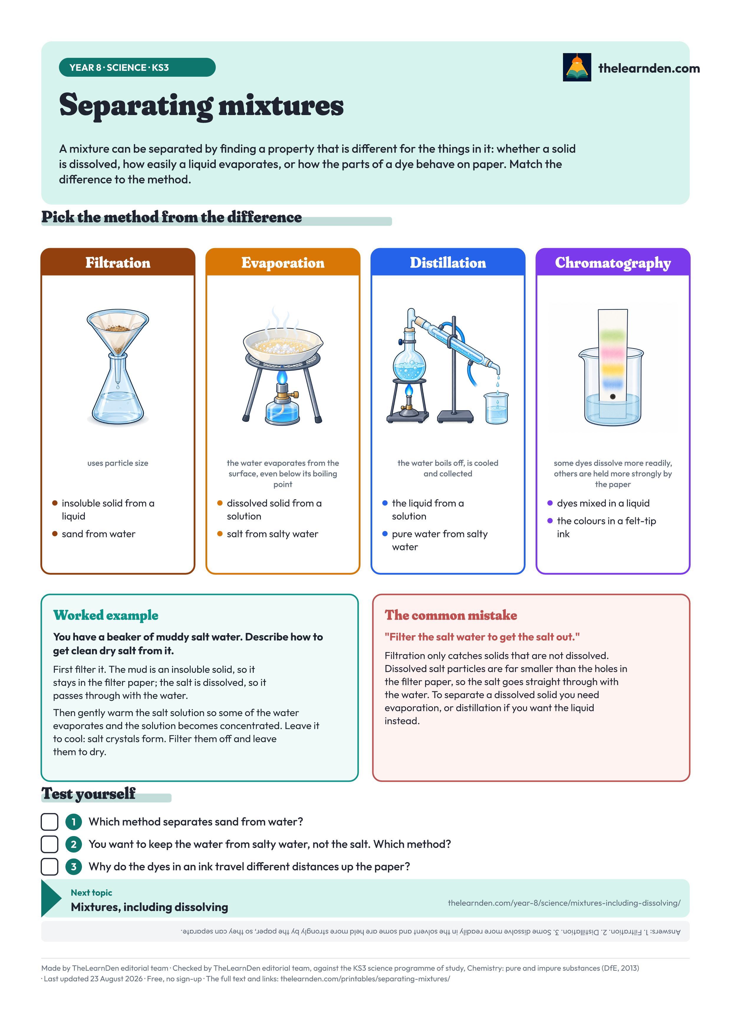 The Separating mixtures one-page sheet. The full text is written out below the image.