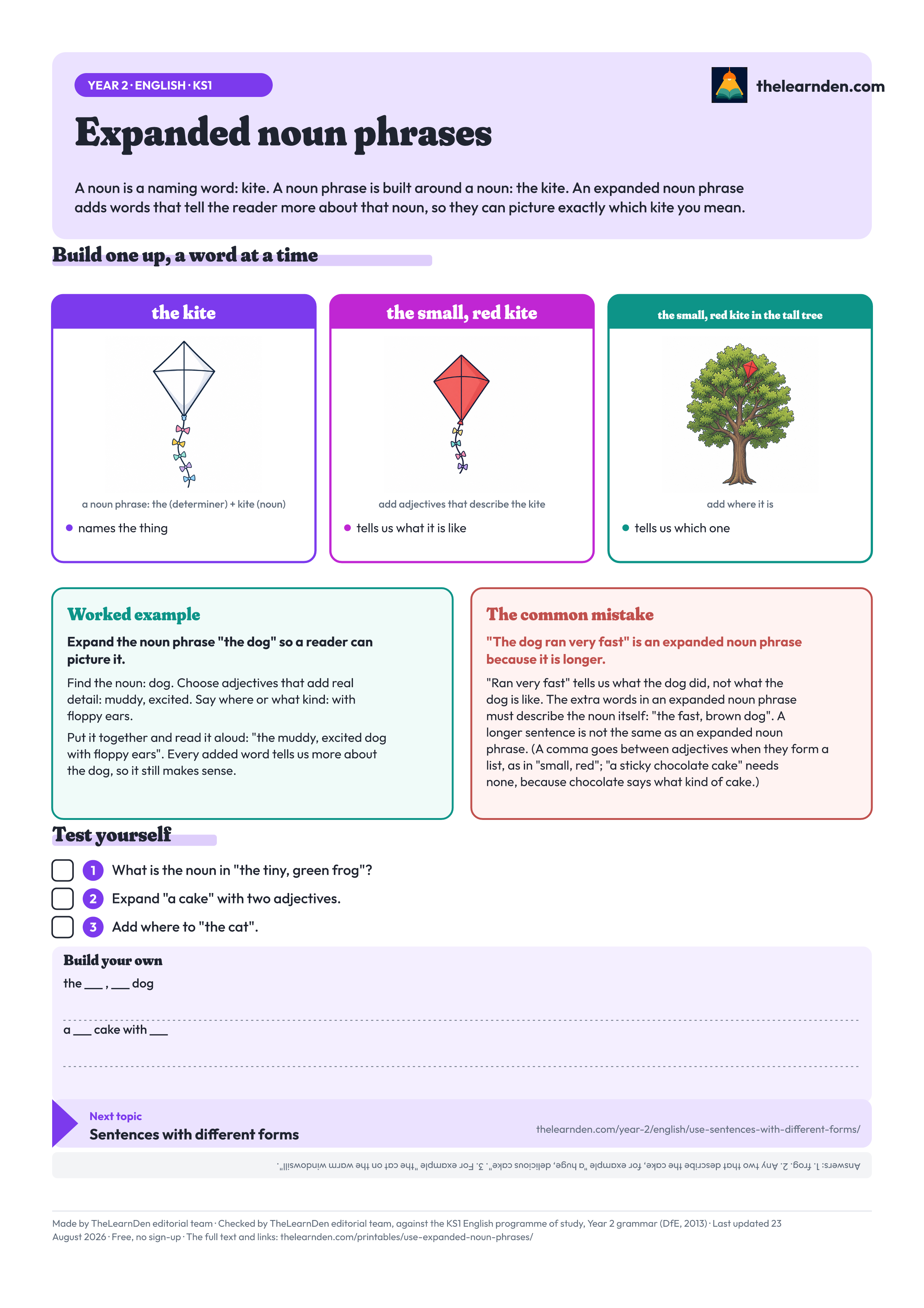 The Expanded noun phrases one-page sheet. The full text is written out below the image.